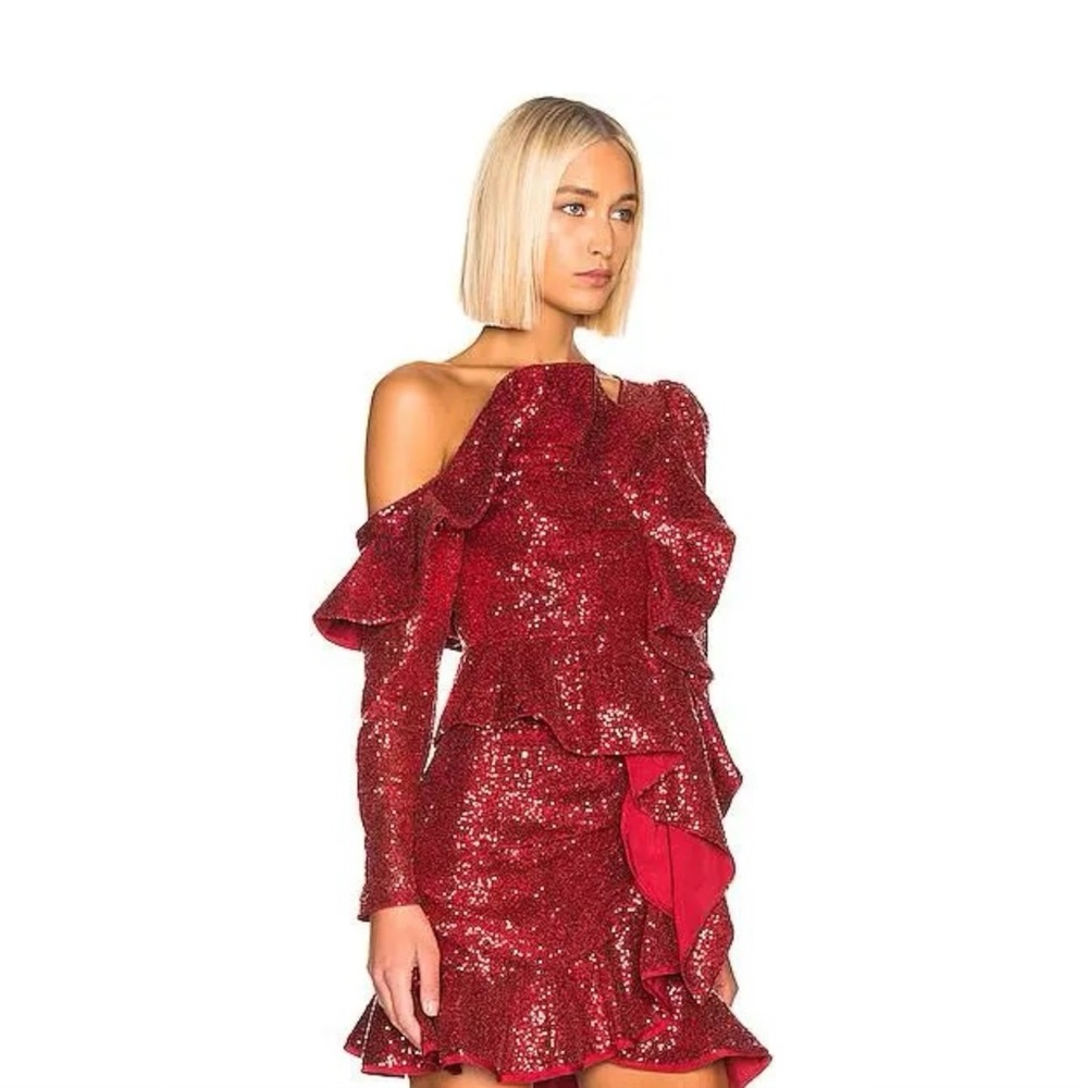 Self-Portrait Red Sequin One Shoulder Top and Skirt Set Sz 4